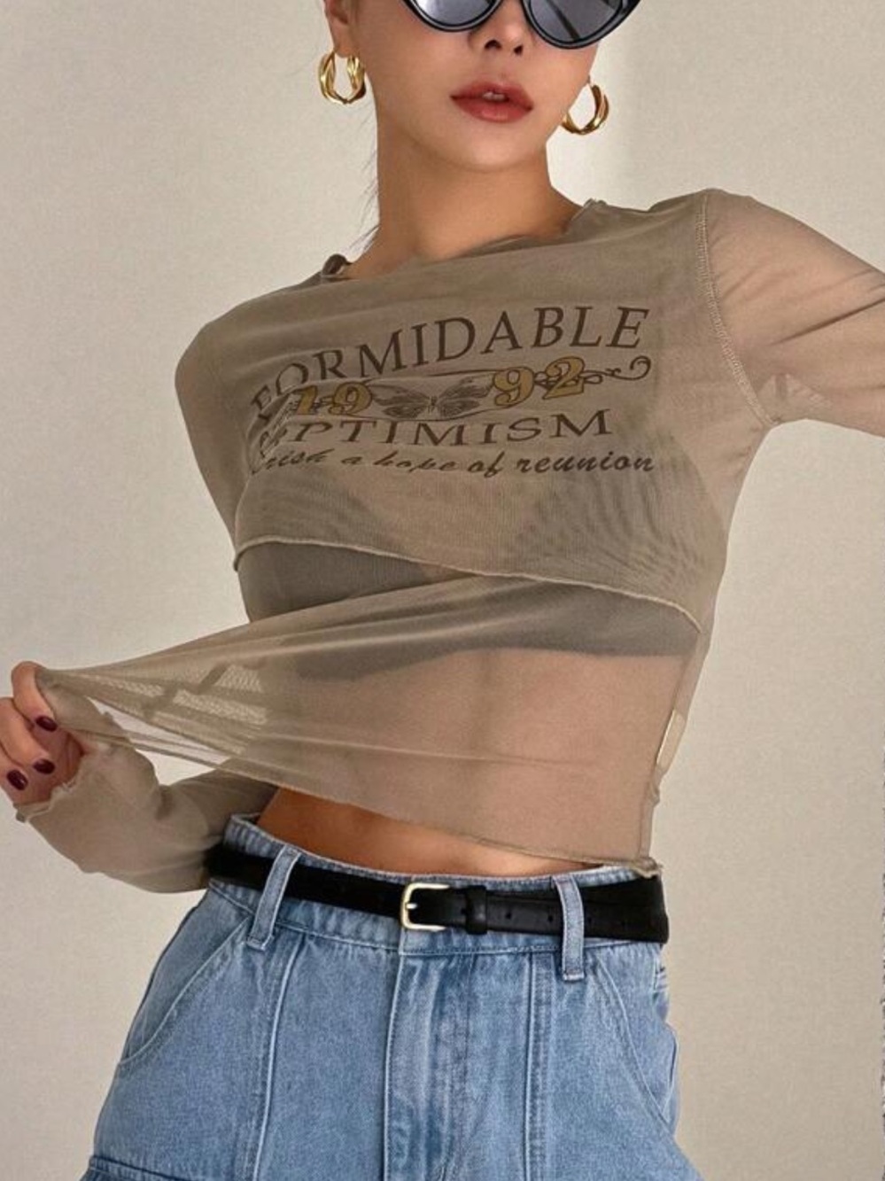 SHEIN Slim-Fit Sheer Long-Sleeve Top in Taupe sm